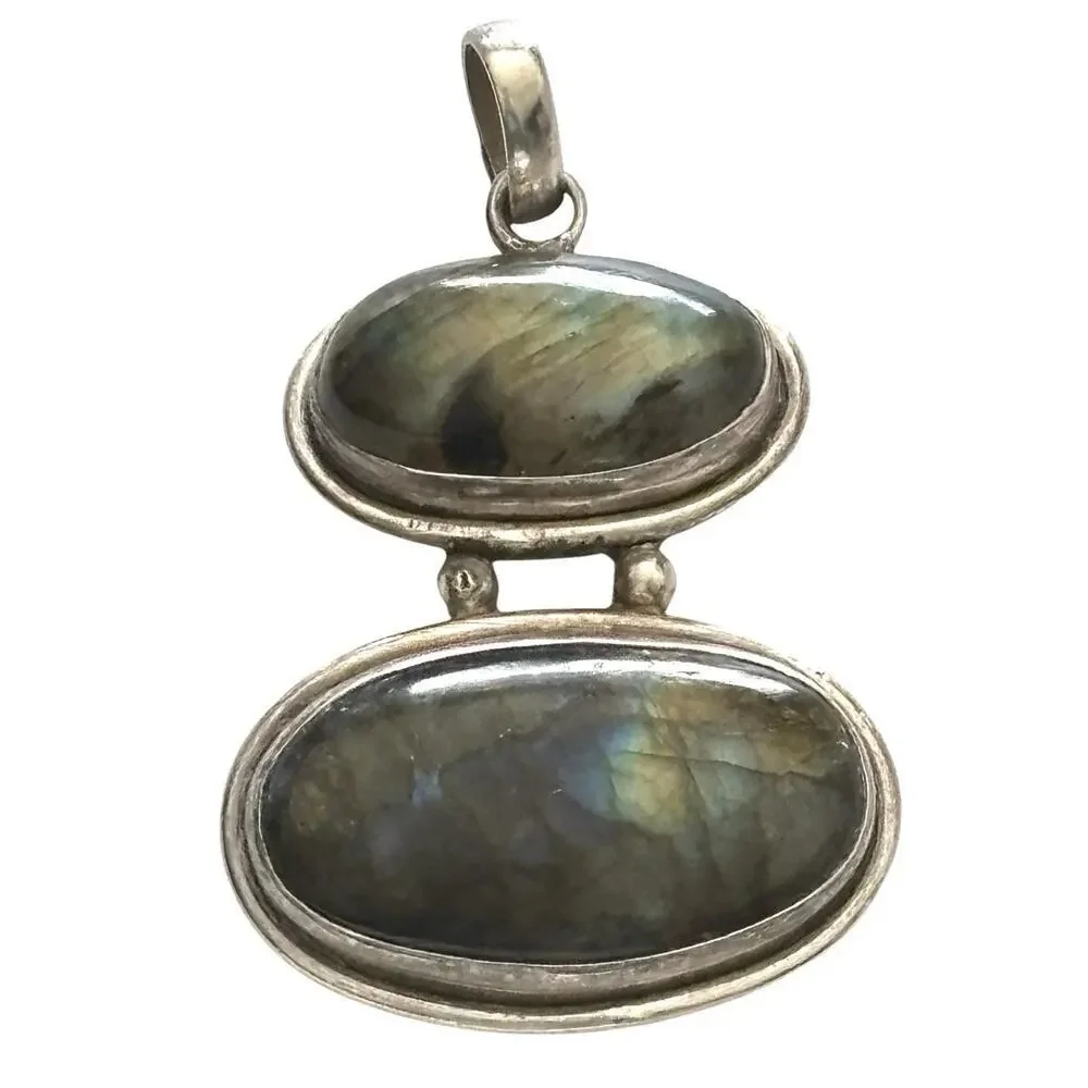 925 Sterling Silver Real Large Duel Oval Labradorite Gem Pendant 26g